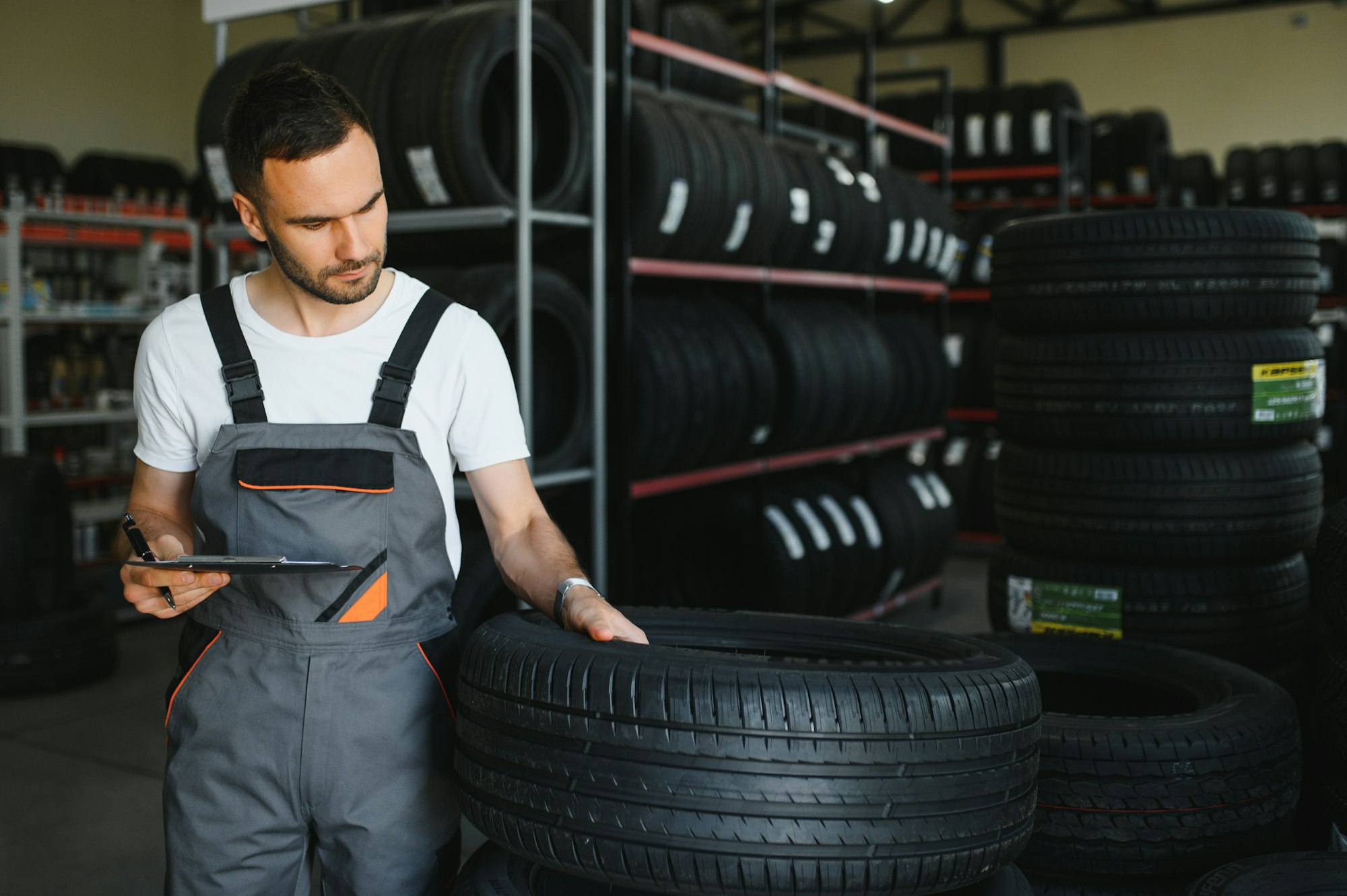 customer tire fitting in the car service, auto mechanic checks the tire and rubber tread for safety